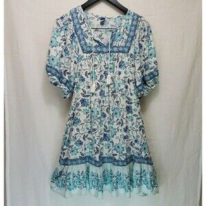 Old Navy Women’s Blue Floral Boho Mini Dress Size M Puff Sleeve Tie Neck Cottage